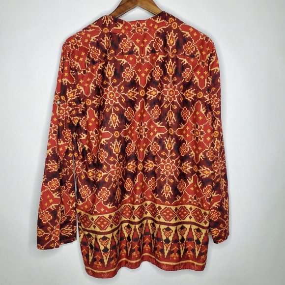 Ralph Lauren Womens Red Tan Southwest Popover Blouse Size XL Long Sleeve Flowy - Picture 2 of 8
